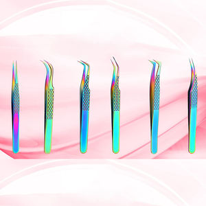 Ensemble de 6 pinces à cils en acier inoxydable à pointe lisse, durables, revêtement couleur titane, pointe droite et courbée, kit de pinces à cils - Product Image 1