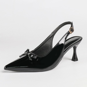 Luxury <b>Black</b> Bow Slingback <b>Pumps</b> Patent Leather Pointed Toe Stiletto Heels Summer Sandals for Ladies Plus Size Wholesale - Product Image 6
