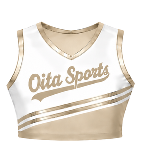 Maillot de cheerleading beige sans manches, crop top personnalisé, uniforme sportif, tenue d'entraînement d'équipe, vêtements de performance athlétique - Product Image 1