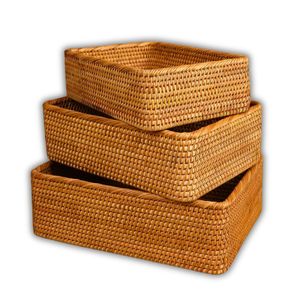 Durable Rectangular Wicker RATTAN <b>BASKET</b> / <b>TRAY</b> 3-Piece Eco-Friendly Serving <b>Basket</b> for Bakery and Cafe - Product Image 1