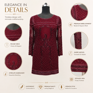 Luxury Burgundy Embroidered Modern Cocktail Women Premium <b>Sequin</b> Beaded Party Elegant Full Sleeve Formal Halter Neck Knee-Length - Product Image 5