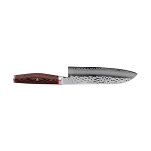 Cuchillos de Cocina Santoku con Mangos de Madera Marrón y Hojas Plateadas Martilladas con Filo Liso para Rebanar, Picar y Preparar Alimentos - Product Image 3
