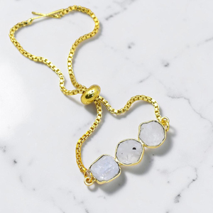 Handmade Raw Rainbow Moonstone Brass Gold Plated Three Stone Rough <b>Gemstone</b> <b>Bracelet</b> Minimalist Boho Jewelry Birthstones - Product Image 1