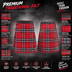 Men Scottish <b>Red</b> Tartan Kilt Traditional Plaid Skirt with Leather <b>Belt</b> and Side Buckle Straps - Product Image 6