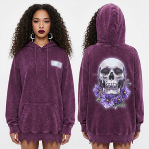 Sudadera con capucha extragrande de 350GSM, morado oscuro, con lavado ácido, bajo con borde sin rematar en zigzag personalizado, gráfico de calavera llorona y flores, proveedor de marca - Product Image 1
