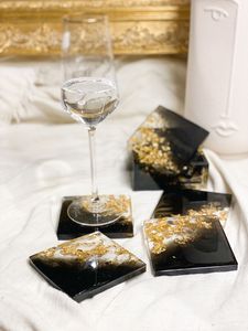 Black Epoxy Resin Gold Foil Square Beverage <b>Drink</b> <b>Coasters</b> Set With Holder <b>For</b> Home Coffee Bar Table Mat Cup Pad Kitchen Protect - Product Image 1