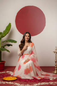 Conjunto de Kurta Anarkali Blanca con Estampado Floral y Dupatta Estampada, Tela Georgette con Forro de Crepé, Completamente Cosido - Product Image 5