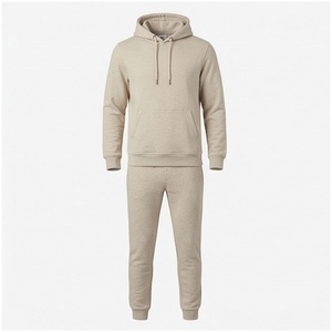 Ensemble de survêtement beige à capuche pour homme, manches longues, couleur unie, coupe décontractée, vêtement d'automne respirant 100% coton - Product Image 1
