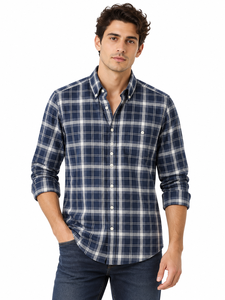 Chemise décontractée à carreaux bleu marine pour homme, motif tartan classique, en coton, col rabattu, manches longues, coupe régulière - Product Image 1