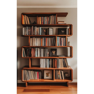 Mid Century Modern Teak Wood <b>Bookcase</b> with Artistic <b>Open</b> Shelves and Contemporary Display Storage Design - Product Image 1