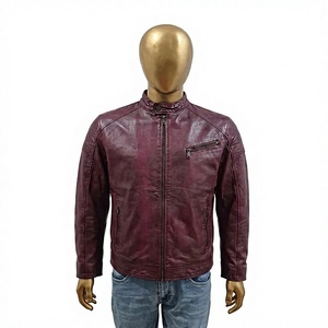 Unisex Maroon Genuine Leather <b>Biker</b> <b>Jacket</b> with Embossed Design Vintage Style - Product Image 1
