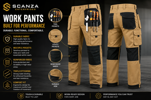 Men's Tan Polyester <b>Work</b> Pants Multiple Pockets Abrasion Resistant Reflective CE Certified Hi Visibility Workwear <b>Cargo</b> Style - Product Image 2