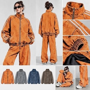 <b>Women</b> Gray Acid Wash Stand <b>Collar</b> Zip up Tracksuit Set Solid Loose Fit Streetwear Jacket and Pants Two Piece Casual Outfit - Product Image 2
