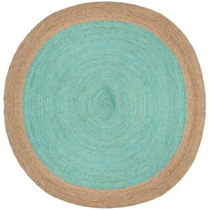 <b>Round</b> Bohemian Area <b>Rug</b> Teal Center Natural Jute Border Handcrafted Eco Friendly Flat Pile Living Room - Product Image 5