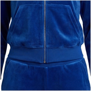Women Blue <b>Velour</b> Hooded <b>Tracksuit</b> Set Full Sleeve Zipper Front Casual Joggers Solid Color Autumn Wear - Product Image 5