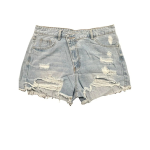Shorts de Mezclilla Rasgados de Cintura Alta para Hombre, Casuales, de Algodón Lavado, con Cierre de Botones, Color Sólido, Tejido de Tela - Product Image 1