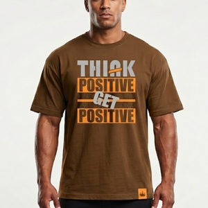 Camiseta de Manga Corta para Hombre, Diseño Estampado, Cuello Redondo, Corte Regular, Algodón Marrón, Estilo Casual, con la Frase "Think Positive Get Positive", Gran Venta - Product Image 1