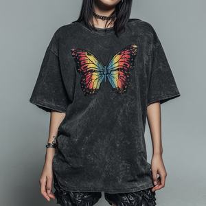 Camiseta de Verano para Mujer, Estilo Vintage, Lavada al Ácido, con Estampado de Mariposas Coloridas, de Algodón Suave, Negra, Estilo Urbano - Product Image 3