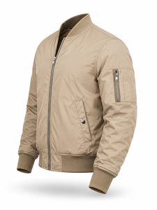 <b>Men's</b> <b>Khaki</b> Bomber Jacket Zipper Closure Casual Style Stand Collar Polyester Material Regular Fit Autumn Wear - Product Image 2