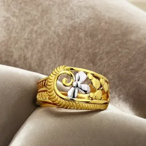 Gold Floral Statement <b>Ring</b> Luxury Textured Filigree Design Sophisticated <b>Two</b> Tone High Polish Flower Band Unique Jewelry - Product Image 1