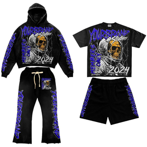 ชุดวอร์มพรีเมียมแบบสั่งทำพิเศษ เป็นมิตรกับสิ่งแวดล้อม ผ้าฝ้าย 100% น้ำหนักเบา 2 ชิ้น เสื้อฮู้ดดี้และกางเกงขายาวทรงหลวม สีม่วง สไตล์ Y2K สตรีทแวร์ รับผลิตแบบ OEM - Product Image 2