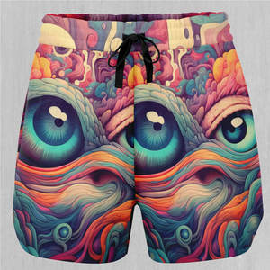Shorts pour femmes à imprimé œil abstrait coloré, taille à cordon de serrage, taille mi-haute, en tricot de spandex et polyester, style décontracté, respirant - Product Image 5