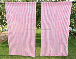 Pháp trang trại thiết kế phong cách bohemian tay khối bông rèm cửa tự nhiên Trọng lượng nhẹ Màu Hồng Sọc tấm mộc mạc valances - Product Image 3