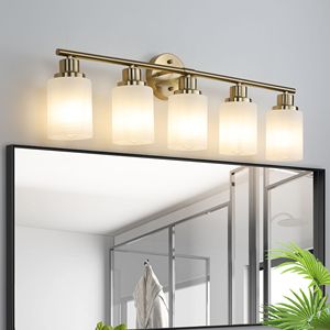 5 <b>Light</b> Modern Vanity Wall <b>Sconce</b> 31\" Golden Finish with Frosted Glass Shades for Bathroom & Hallway Lighting No Bulbs Included - Product Image 4