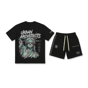 Ensemble T-shirt et short d'été pour homme, imprimé numérique personnalisé noir, 2 pièces, tricoté en mélange polyester/coton, séchage rapide, haute qualité, 300 GSM - Product Image 1