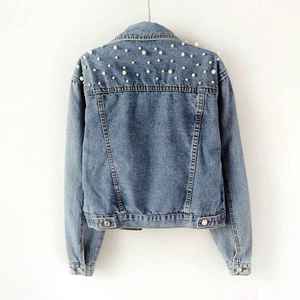 Custom Logo High Quality Ladies <b>Rhinestone</b> Pearls Beading Blue Denim Coat <b>Jacket</b> Plus Size Jean <b>Jackets</b> for Women - Product Image 4