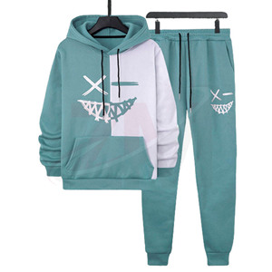 Ensemble de survêtement de luxe personnalisé avec logo imprimé, couleur turquoise, à capuche et pantalon, imprimé color block, tenue décontractée avec cordon de serrage - Product Image 1