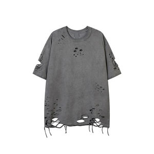 T-shirt Homme Uni Déchiré Coupe Oversize 100% Coton Tricoté Respirant Décontracté - Product Image 2