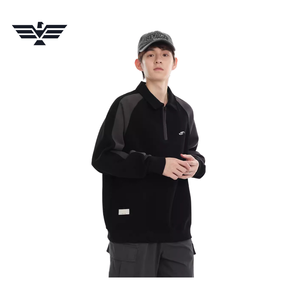 Sudadera de poliéster para hombre, negra, con bloques de color, manga raglán, media cremallera, antiarrugas, corte holgado informal, cuello vuelto, tipo jersey - Product Image 3