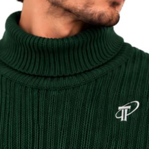 Pull col roulé côtelé vert émeraude foncé pour homme, manches longues, chaud, tricoté, col montant, décontracté, tendance, pour l'hiver - Product Image 4