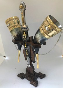 Custom Molding Brass Pattern Viking Horn Beer Horn With Wooden Holding <b>Stand</b> For Bar Restaurant at Reasonable Price by UO INDIA - Product Image 1