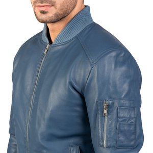 SAAR INDUSTRIES Unisex Blue Genuine Leather Classic Zip Bomber <b>Jacket</b> Waterproof Windproof Eco-Friendly Breathable Casual - Product Image 5