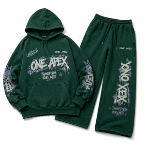 Ensemble de survêtement ONE APEX pour femme, vert forêt, délavé à l'acide, coupe classique, 100% coton, imprimé sérigraphié, pantalon large, style streetwear - Product Image 2