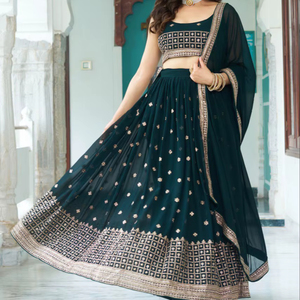 ชุดเลเฮนกาโชลีงานปักเลื่อมสีฟ้าอมเขียว ผ้าจอร์เจตต์เทียม ออกแบบโดยดีไซเนอร์ชาวอินเดียสำหรับงานแต่งงาน - Product Image 1