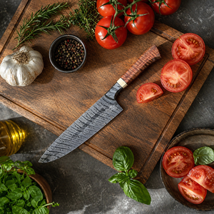 Couteau de chef artisanal personnalisé en acier Damas, manche en bois d'olivier, étui en cuir, lame de 8-9,9 pouces, design moderne ambidextre - Product Image 1