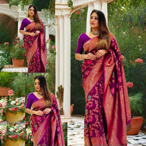 Vêtements de fête de mariage de luxe Créateur de mode Vêtements indiens et pakistanais Pur Banarasi Cuivre Zari Tissage Saree en soie douce - Product Image 5
