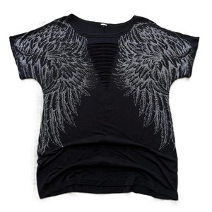 Women's Black Short Sleeve T-Shirt With <b>Feather</b> Print Ruched Front Loose Fit Casual O-Neck <b>Top</b> 100% Polyester Knitted Breathable - Product Image 4