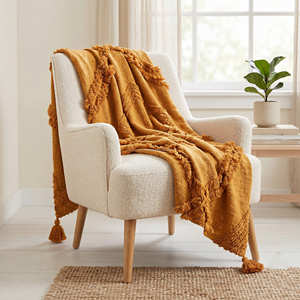 Plaid de salon artisanal tufté et tissé, en coton doux de qualité supérieure, avec bordure à pompons épais, drapé décoratif minimaliste pour canapé, en gros - Product Image 5