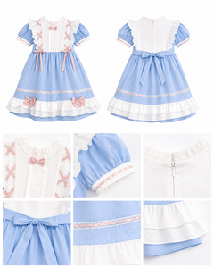 Robe de princesse Lolita vintage pour filles avec dentelle et nœuds en ruban |   Robe de fête en coton bleu - Product Image 3