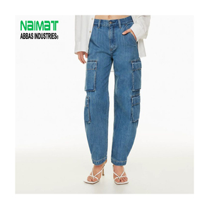 High Waist Women Blue Cargo Jeans Multi Pocket Baggy Denim Pants Loose Fit Straight Leg Streetwear Trousers - Product Image 1