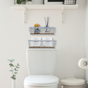 MyGift 2026 Must-Buy Farmhouse White <b>Metal</b> <b>Storage</b> <b>Basket</b> Set – 2-Piece Rustic Organizer with Acacia Wood - Product Image 3