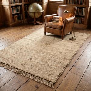 Alfombra de Lana Tejida a Mano de Color Beige Natural con Diseño Floral, Alfombra Decorativa Clásica de Lujo con Flecos y Pelo Plano - Product Image 5