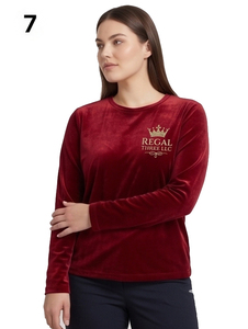 T-shirt en velours à manches longues pour femme Regal Three Llc, logo brodé sur le devant, tee-shirt en velours, mode streetwear pour femmes, t-shirts en velours - Product Image 6