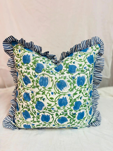 Set of 5 Floral Block Print Cotton Cushion Covers with Frills Floral Throw <b>Pillow</b> Sham <b>Decorative</b> <b>Pillows</b> - Product Image 3