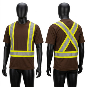 Camiseta de Trabajo Marrón de Algodón Premium de 180 GSM, Cuello Redondo, Manga Corta, Cinta Reflectante Amarilla Plateada, Ecológica, Transpirable y Segura - Product Image 1