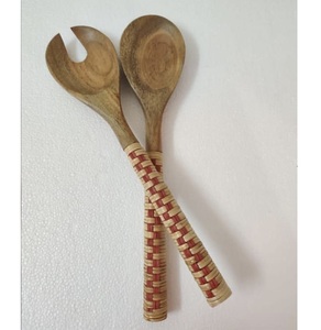 Latest Design Acacia Wood <b>Salad</b> <b>Server</b> with Hand Woven Rattan Handle Utensils Wooden Cutlery <b>Salad</b> Spoon Fork Set Serving Spoon - Product Image 3
